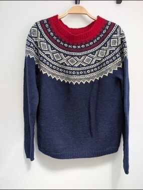 Wool Norwegian Sweater, Navy with Red & Cream Yoke